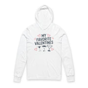 white  featherweight hoodie with the phrase "My Favorite Valentines".  Below the Phrase are three cocktail glasses. Minimalist Valentines Heart outlines surround the the phrase to complete the design
