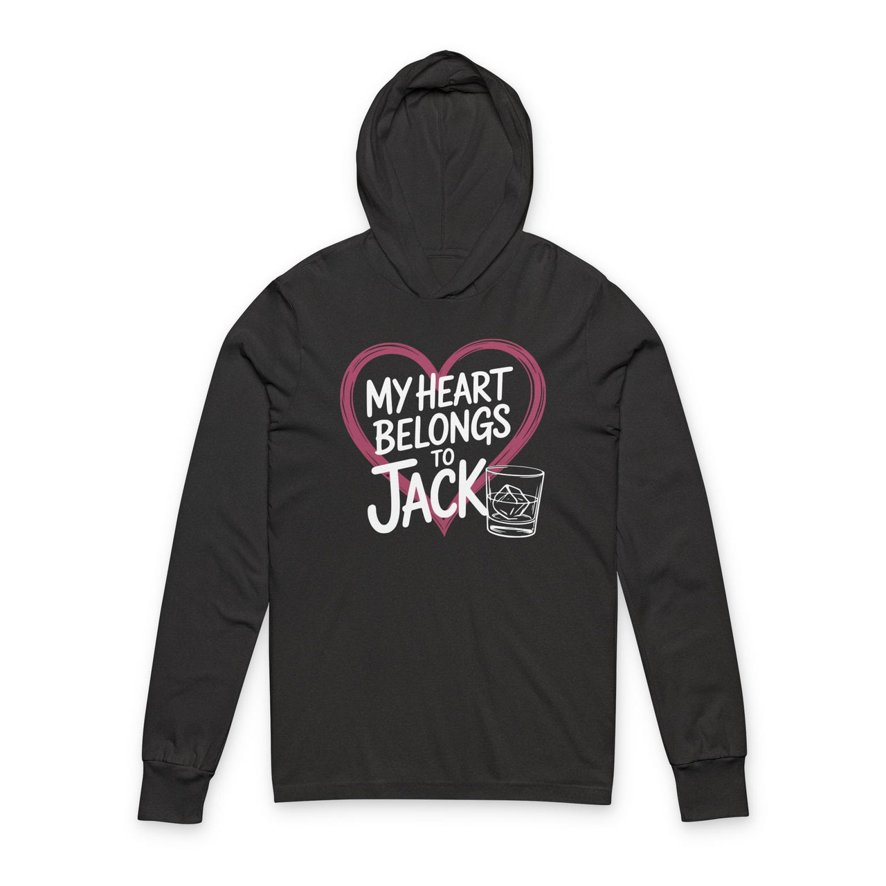 black featherweight valentine's day hoodie with the Phrase “my heart belongs to jack” surrounded by a  sketched valentines heart and a bourbon glass

