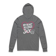 gray featherweight valentine's day hoodie with the Phrase “my heart belongs to jack” surrounded by a  sketched valentines heart and a bourbon glass
