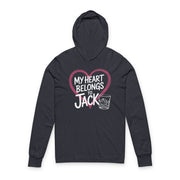 navy featherweight valentine's day hoodie with the Phrase “my heart belongs to jack” surrounded by a  sketched valentines heart and a bourbon glass