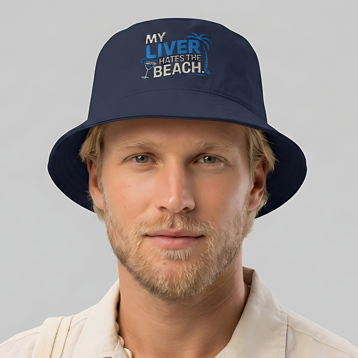Navy embroidered My Liver Hates the Beach funny bucket hat for spring break, beach vacations, coastal travel, and summer parties