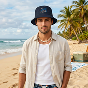 Navy embroidered My Liver Hates the Beach funny bucket hat for spring break, beach vacations, coastal travel, and summer parties