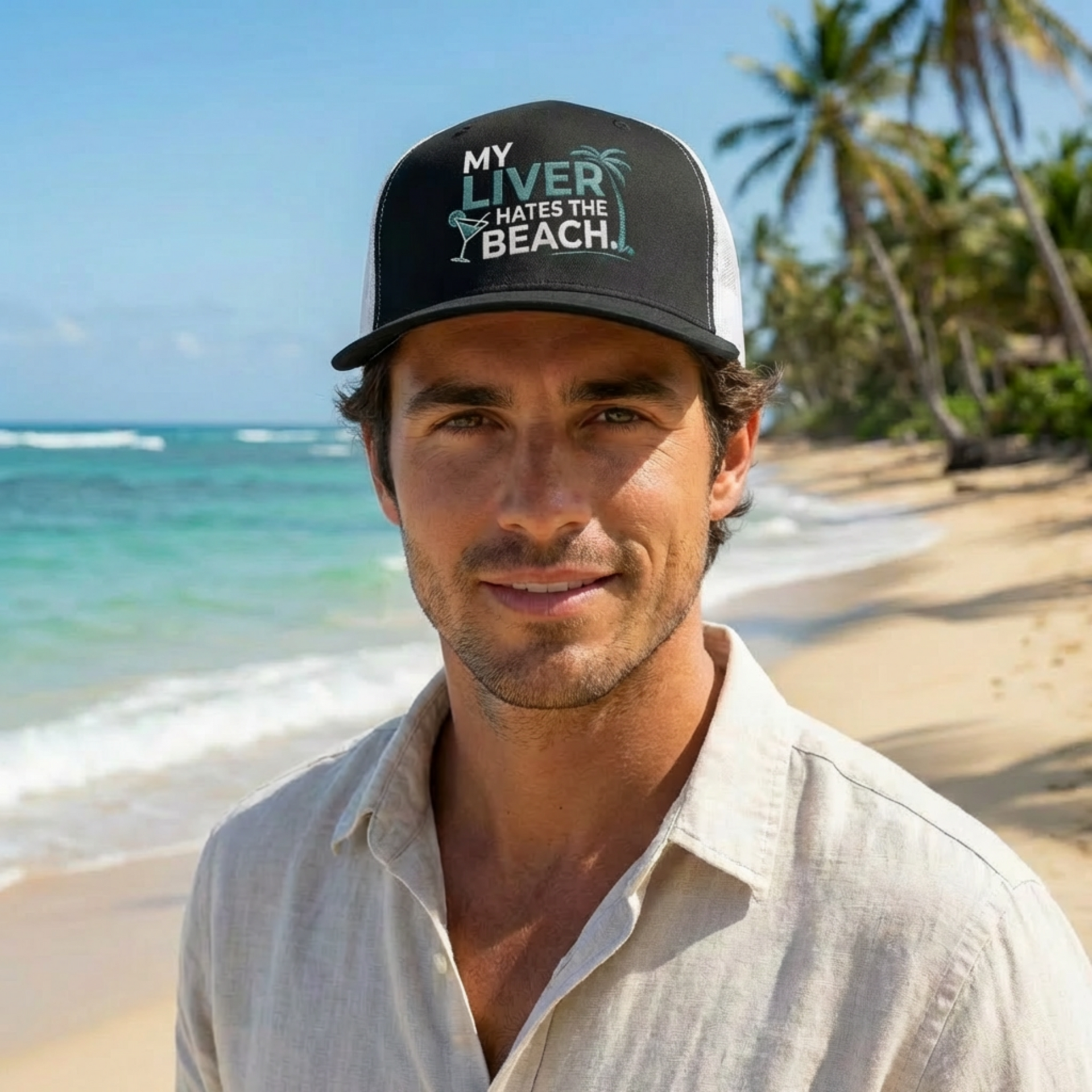 man wearing a black and white flat bill trucker hat with the phrase 'My Liver Hates the Beach' funny spring break, beach season, girls trip, guys trip, or bachelor, bachelorette trip design