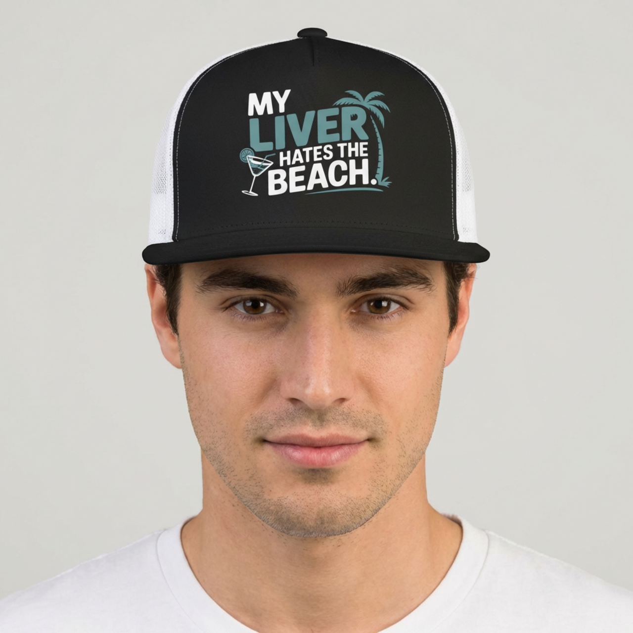 Man wearing a black and white flat bill trucker hat with the phrase 'My Liver Hates the Beach' funny spring break, beach season, girls trip, guys trip, or bachelor, bachelorette trip design