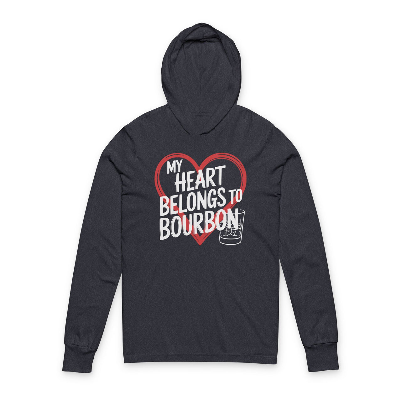  black hoodie with the phrase “My “Heart Belongs to Bourbon” with an ink sketched heart surrounding the phrase and a bourbon glass to  complete the design