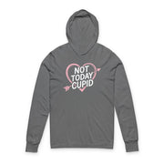 Gray hoodie with the phrase "not today cupid" with an ink sketched heart surrounding the phrase to  complete the design