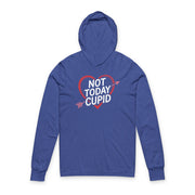 royal blue hoodie with the phrase "not today cupid" with an ink sketched heart surrounding the phrase to  complete the design