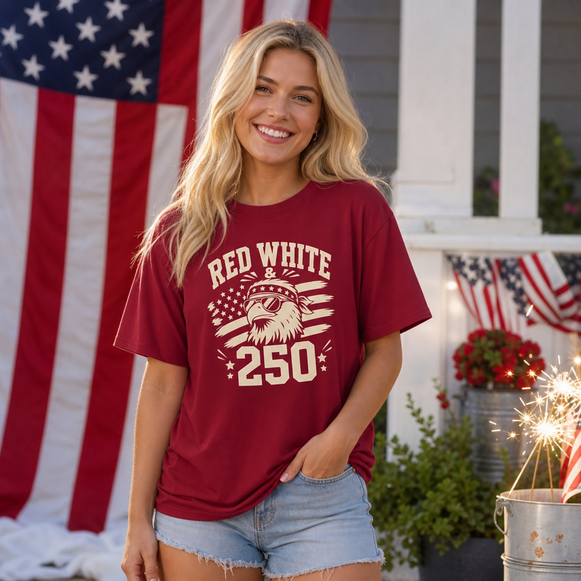 Red White and 250 shirt featuring eagle and American flag design