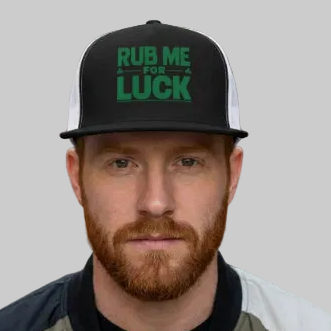 Rub Me for Luck | St. Patrick's Day Flat Bill Trucker Hat | Funny Irish Snapback Mesh Cap
