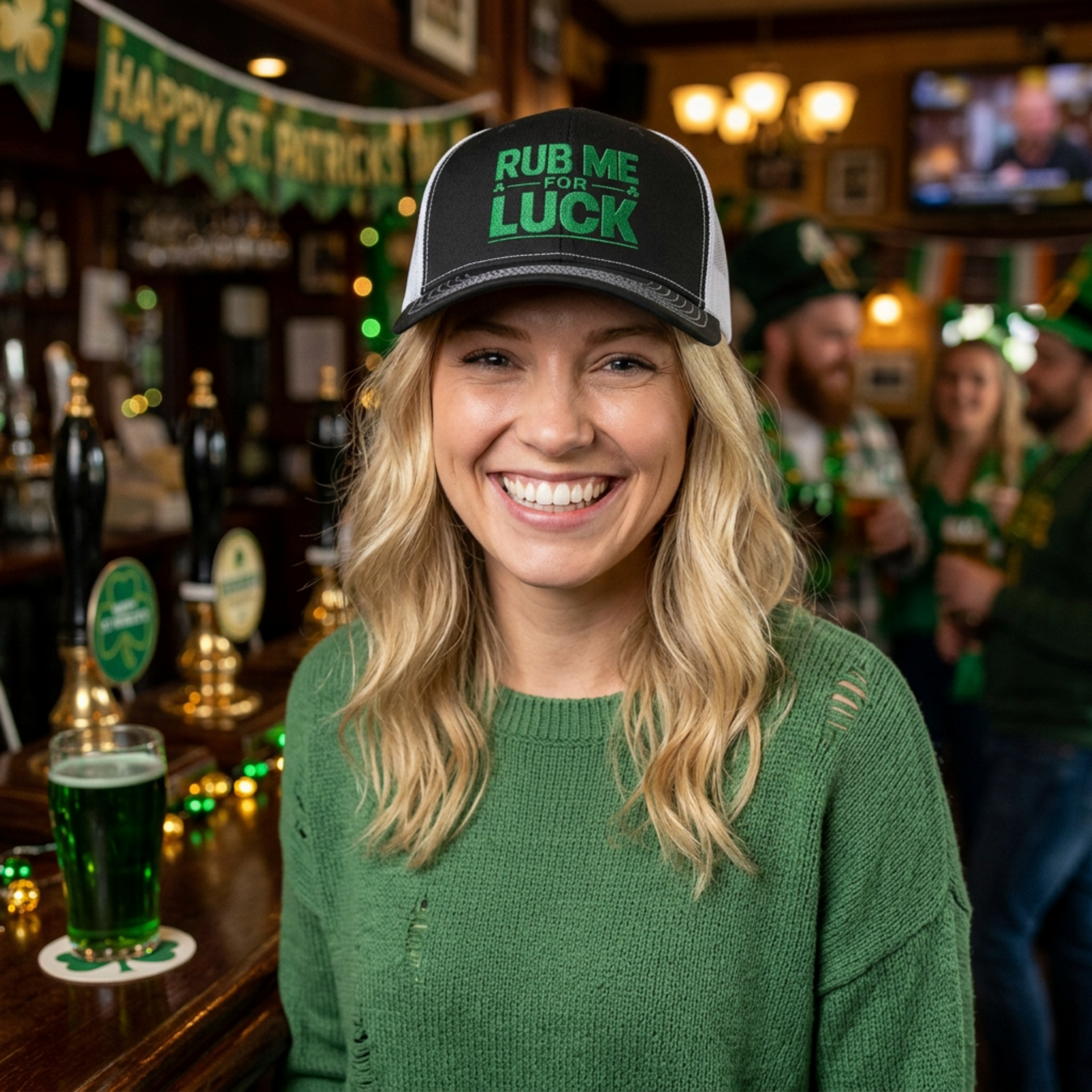 woman wearing a black and white curved bill trucker hat with 'Rub Me for Luck' text funny st patricks day pub crawl design