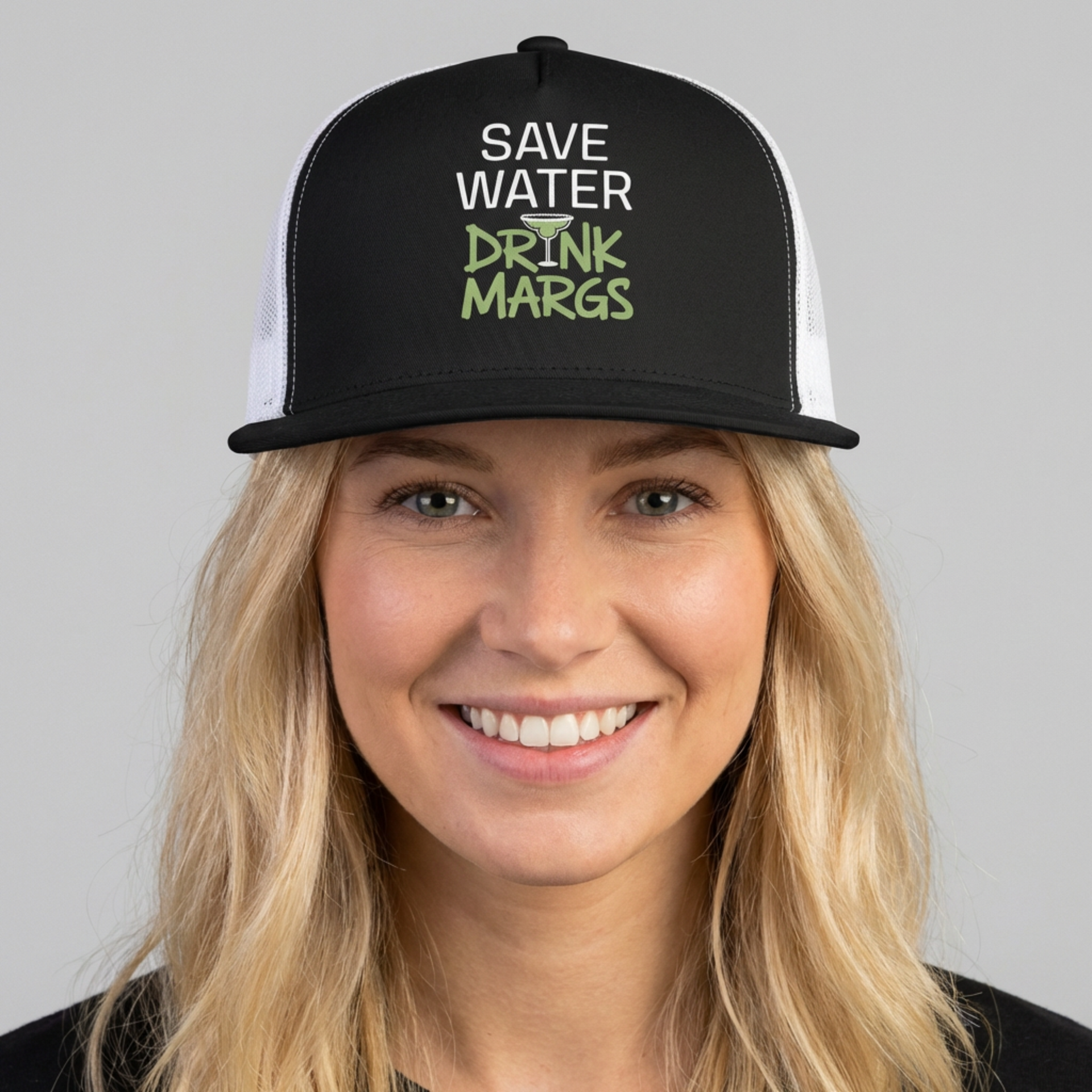 woman wearing a charcoal and white flat bill trucker hat with 'Save Water Drink Marg' text funny spring break, girls trip or bachelorette party design
