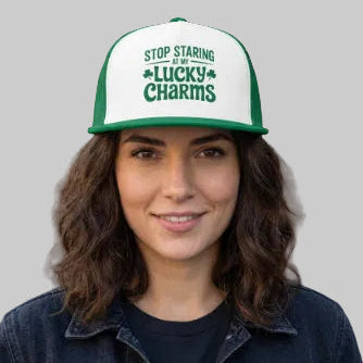 Stop Staring at My Lucky Charms | St. Patrick's Day Flat Bill Trucker Hat | Funny Irish Snapback Mesh Cap