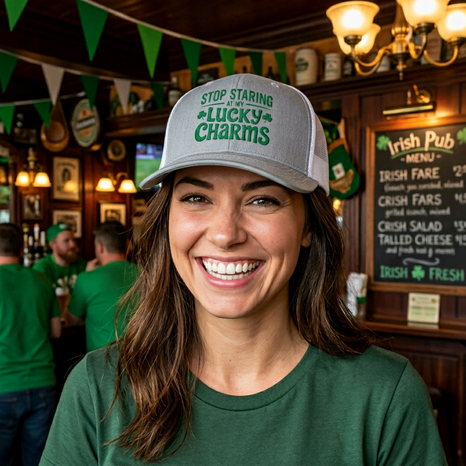 woman wearing a gray and white curved trucker hat with the phrase Stop Staring at My Lucky Charms funny St Patricks Day pub crawl or parade design