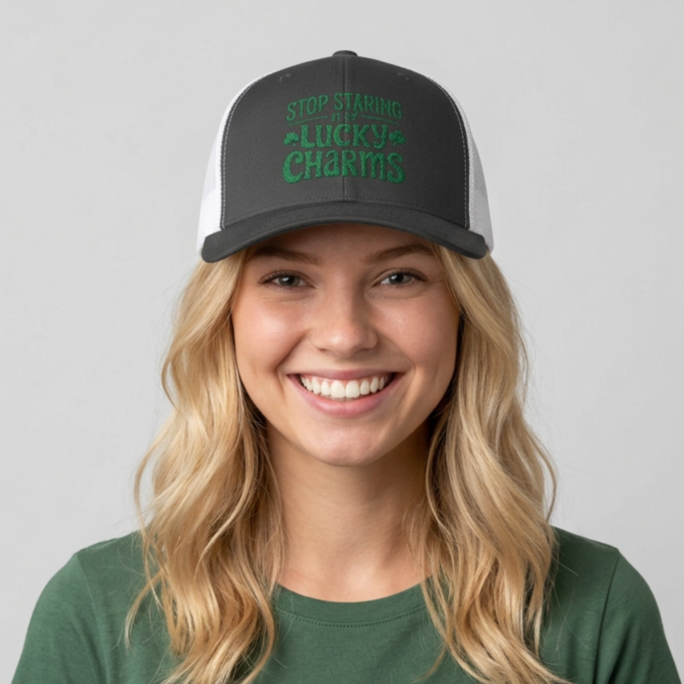 a black and white curved trucker hat with the phrase Stop Staring at My Lucky Charms funny St Patricks Day pub crawl or parade design