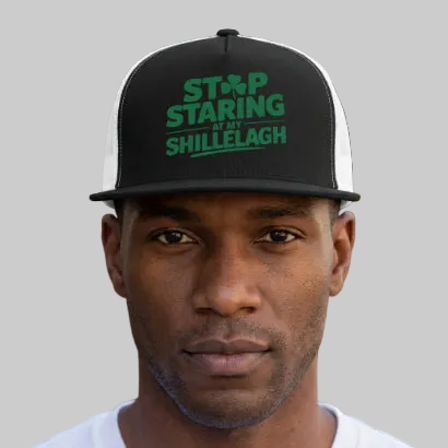 Stop Staring at My Shillelagh | St. Patrick's Day Flat Bill Trucker Hat | Funny Irish Snapback Mesh Cap