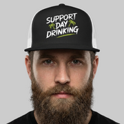 Man wearing a cap with 'Support Day Drinking' text on a gray background