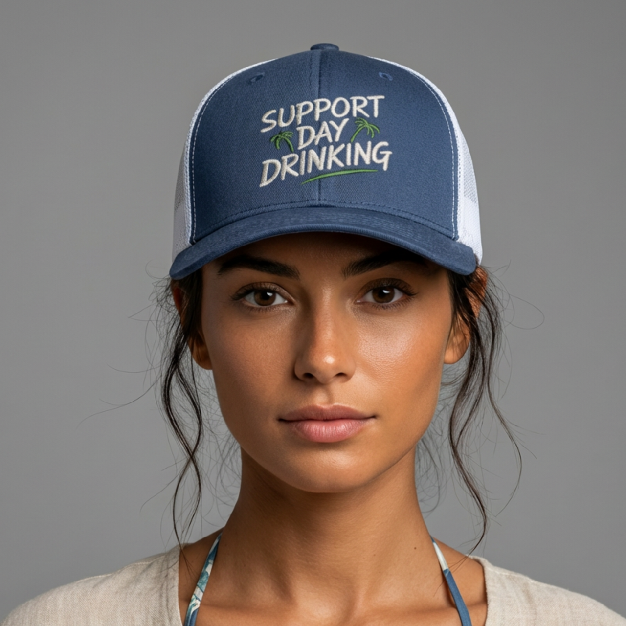 Support Day Drinking embroidered beach trucker hat with green details, mesh back, structured front, and adjustable snapback fit