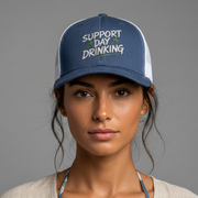 Support Day Drinking embroidered beach trucker hat with green details, mesh back, structured front, and adjustable snapback fit