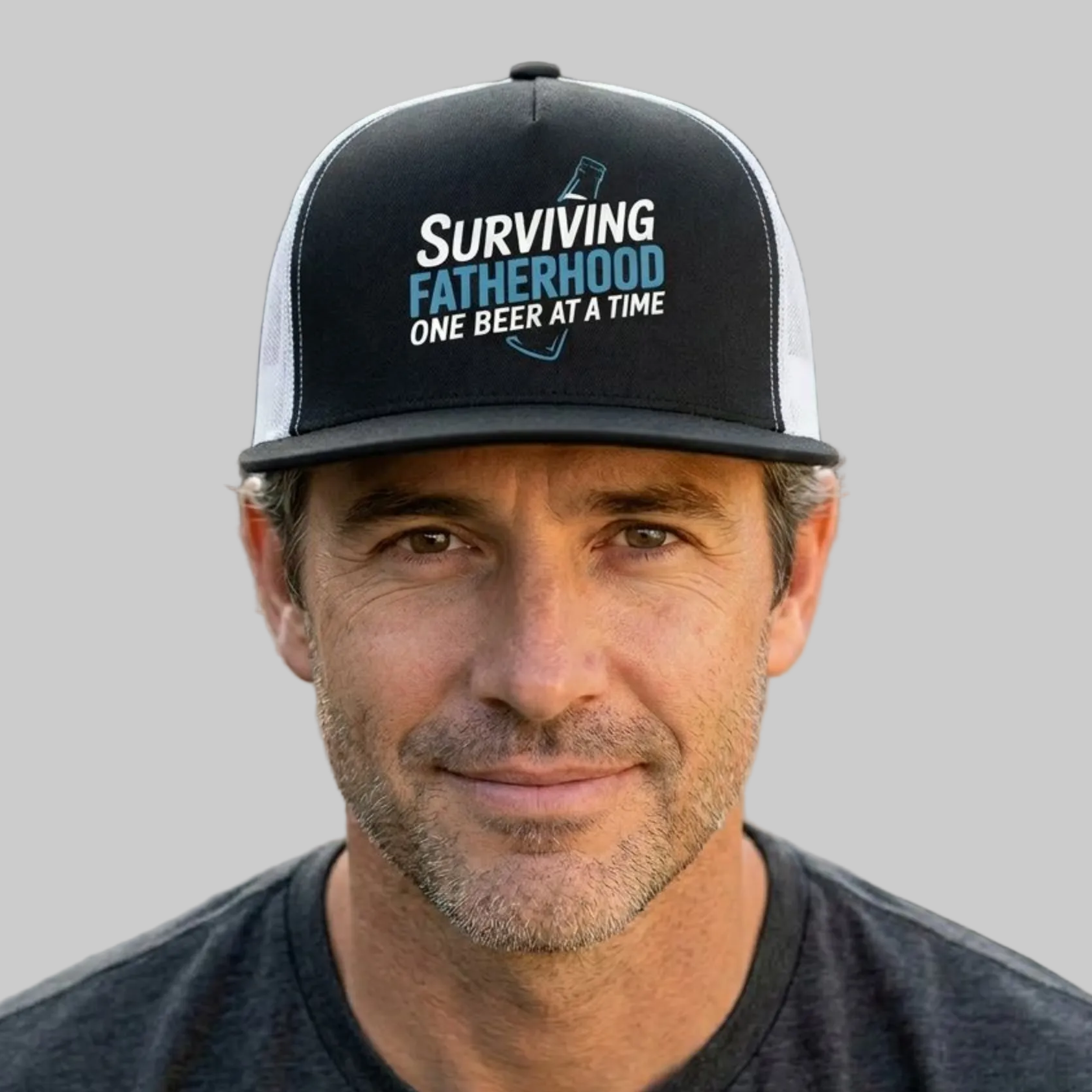Man wearing a black and white premium flat bill trucker hat with 'Surviving Fatherhood One Beer at a Time' text funny fathers day, beach vacation, spring break design