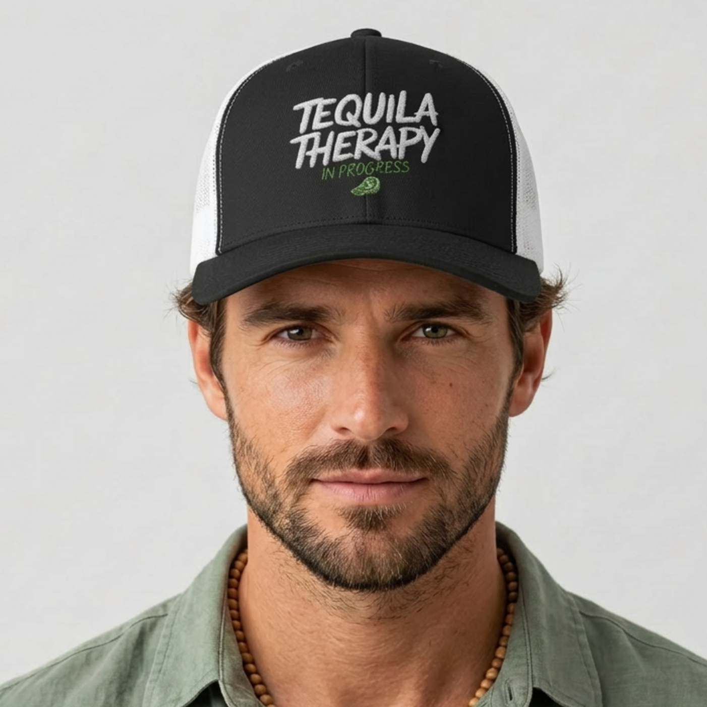Man wearing a black and white curved bill trucker hat with the phrase 'Tequila Therapy in Progress'  funny Spring Break, Girls Trip, Guys Trip, Beach Trip, SummerVacation bachelor or Bachelorette hat