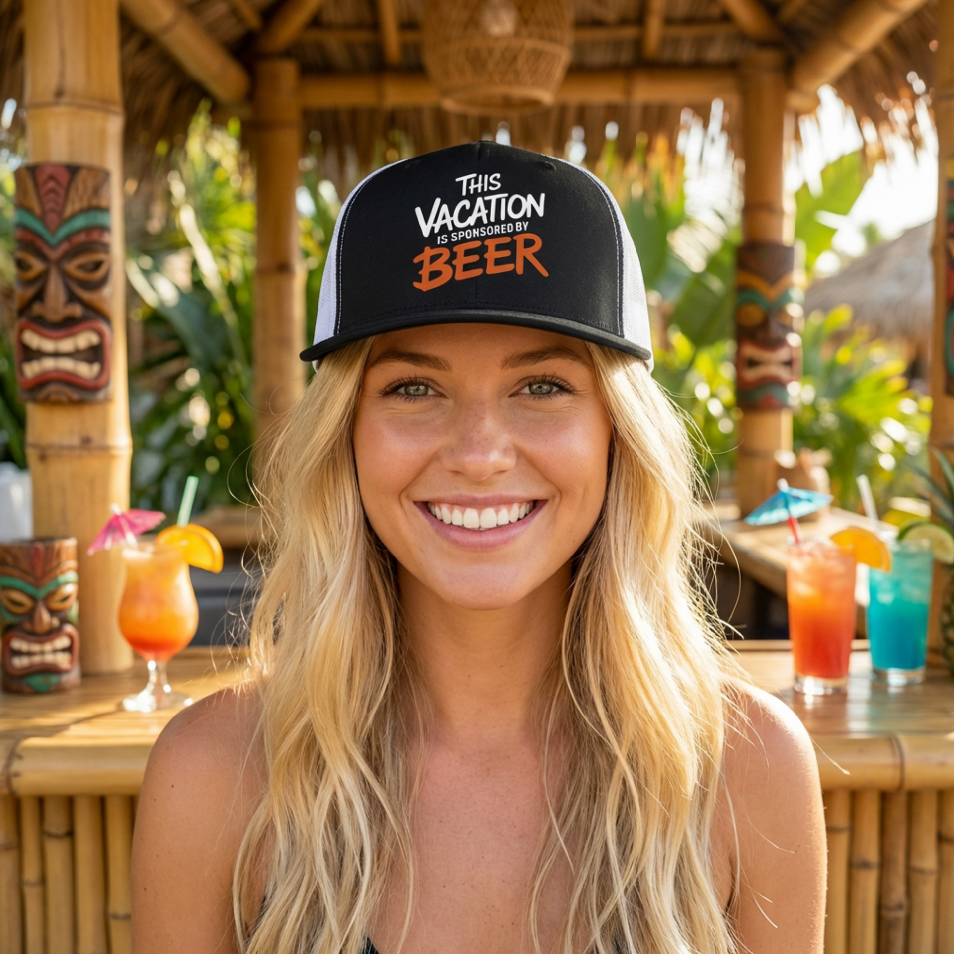 Woman wearing a Black and white flat bill trucker hat with the phrase 'This Vacation is Sponsored by Beer' funny spring break, summer vacation, girls trip, bachelor party, and lake season design