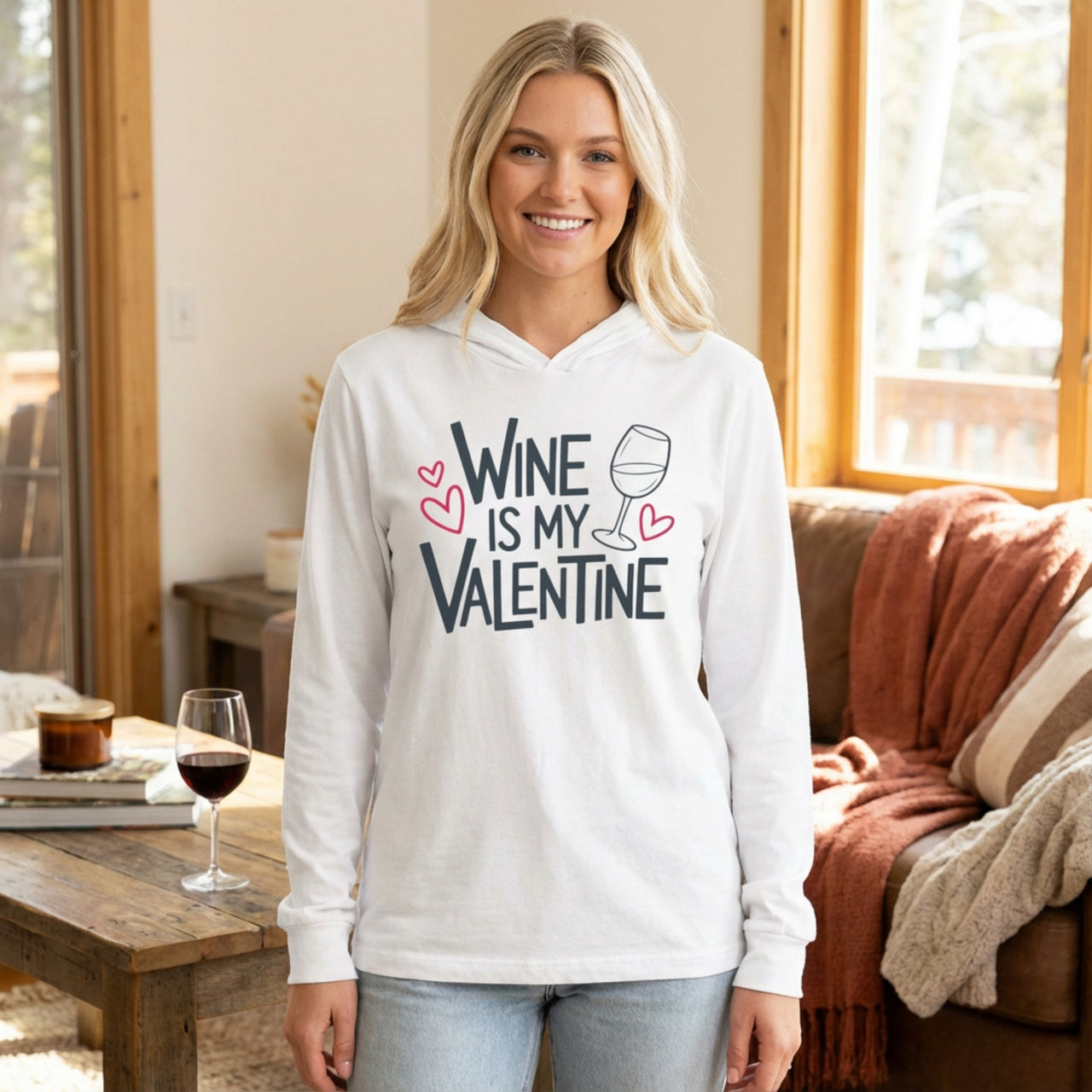 white featherweight valentine's day hoodie with the Phrase “wine is my valentine” with sketched valentines hearts and a wine glass

