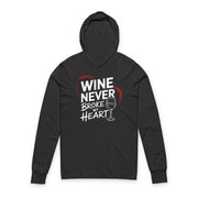 black featherweight valentine's day hoodie with the Phrase "Wine Never Broke My Heart" surrounded by a sketched valentines heart and a wine glass graphic 