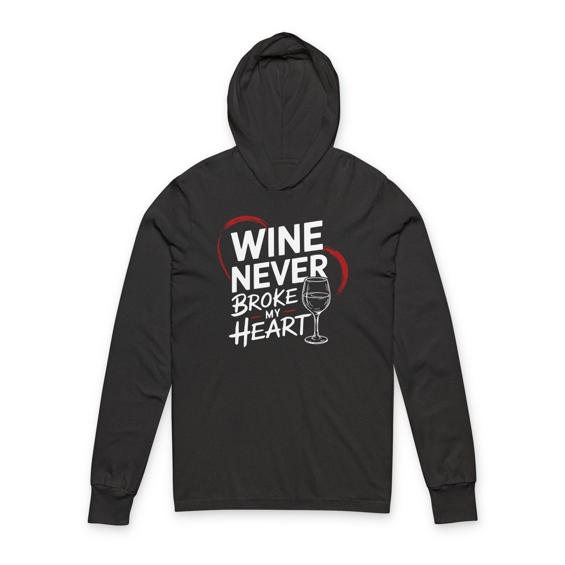 black featherweight valentine's day hoodie with the Phrase "Wine Never Broke My Heart" surrounded by a sketched valentines heart and a wine glass graphic 