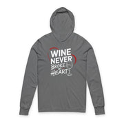 gray featherweight valentine's day hoodie with the Phrase "Wine Never Broke My Heart" surrounded by a sketched valentines heart and a wine glass graphic 
