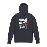 navy featherweight valentine's day hoodie with the Phrase "Wine Never Broke My Heart" surrounded by a sketched valentines heart and a wine glass graphic 
