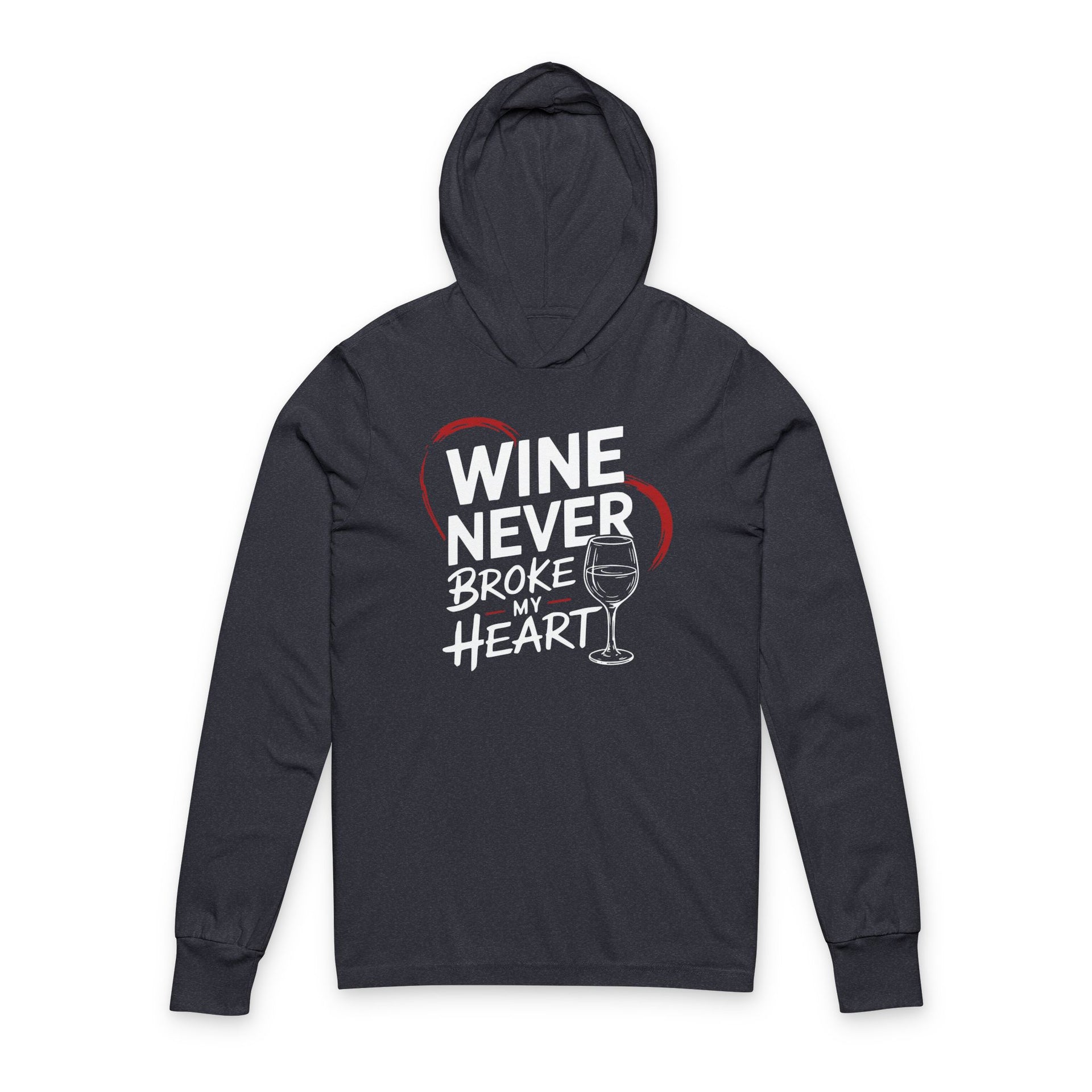 navy featherweight valentine's day hoodie with the Phrase "Wine Never Broke My Heart" surrounded by a sketched valentines heart and a wine glass graphic 
