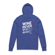 royal blue featherweight valentine's day hoodie with the Phrase "Wine Never Broke My Heart" surrounded by a sketched valentines heart and a wine glass graphic 
