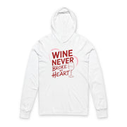 white featherweight valentine's day hoodie with the Phrase "Wine Never Broke My Heart" surrounded by a sketched valentines heart and a wine glass graphic 