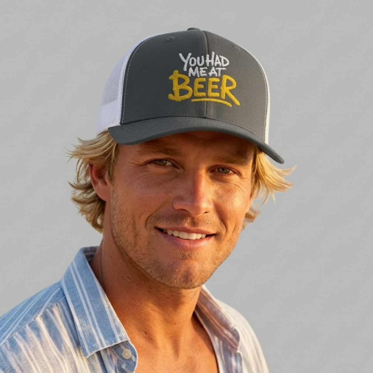 Man wearing a trucker hat with the phrase  'You Had Me at Beer' text funny spring break, guys trip, girls trip, bachelor party, bachelorette party, lake season, beach trip, summer vacation design