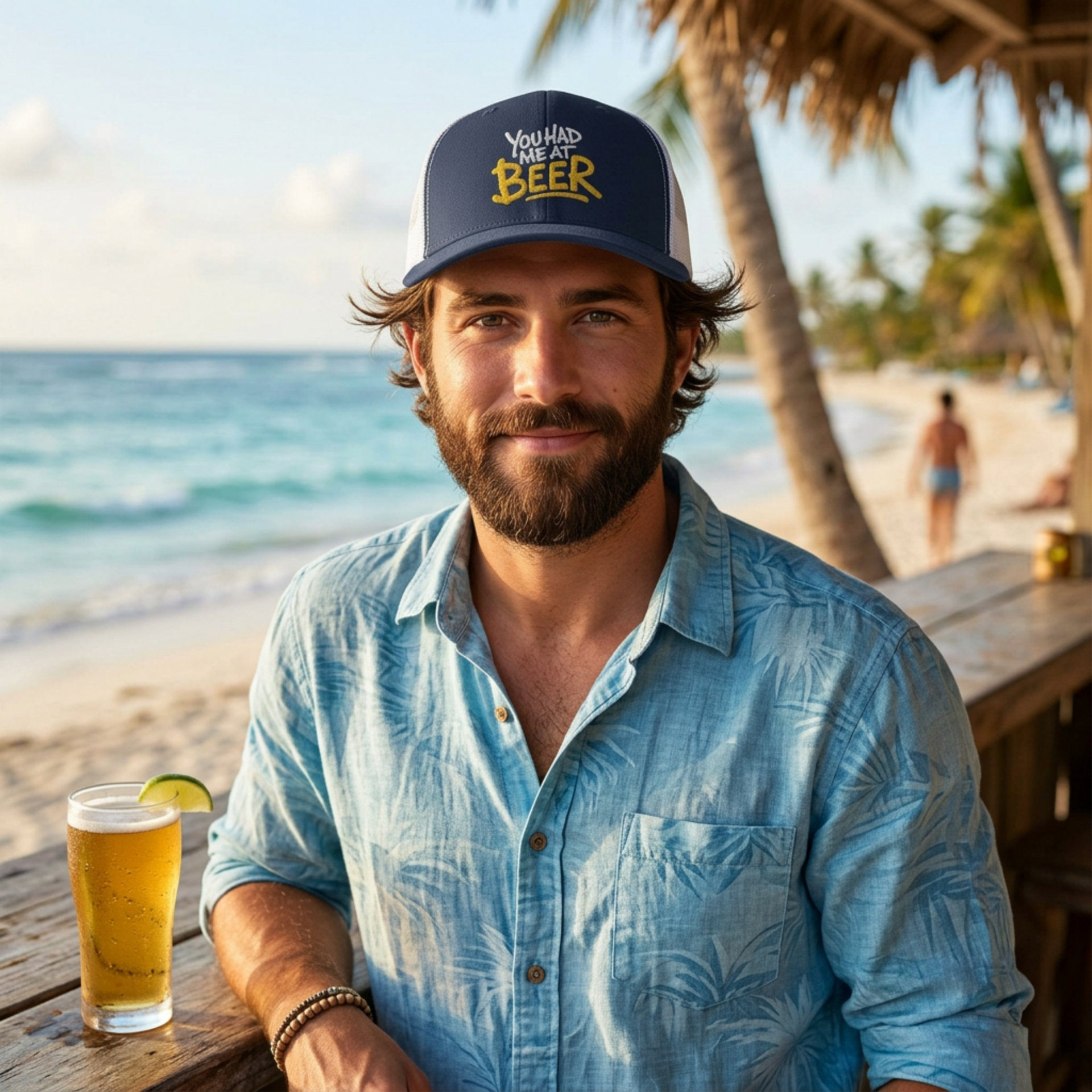 man wearing a navy and white trucker hat with the phrase  'You Had Me at Beer' text funny spring break, guys trip, girls trip, bachelor party, bachelorette party, lake season, beach trip, summer vacation design