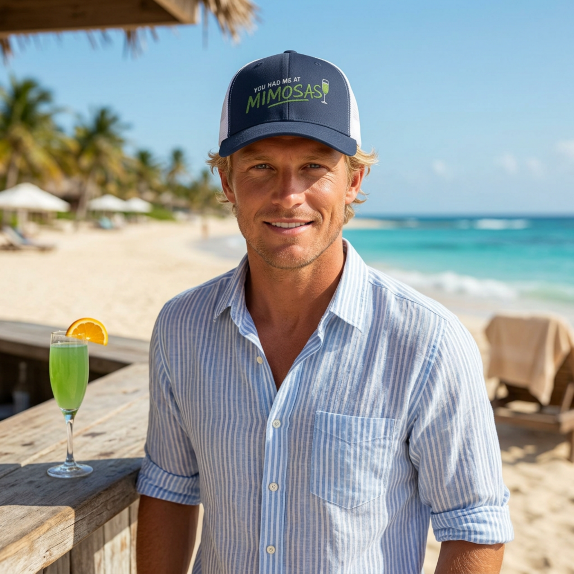 man wearing a navy and white curved bill trucker hat with the phrase'You Had Me at Mimosas' text funny Spring break, girls trip, guys trip, beach trip, summer vacation, lake season design