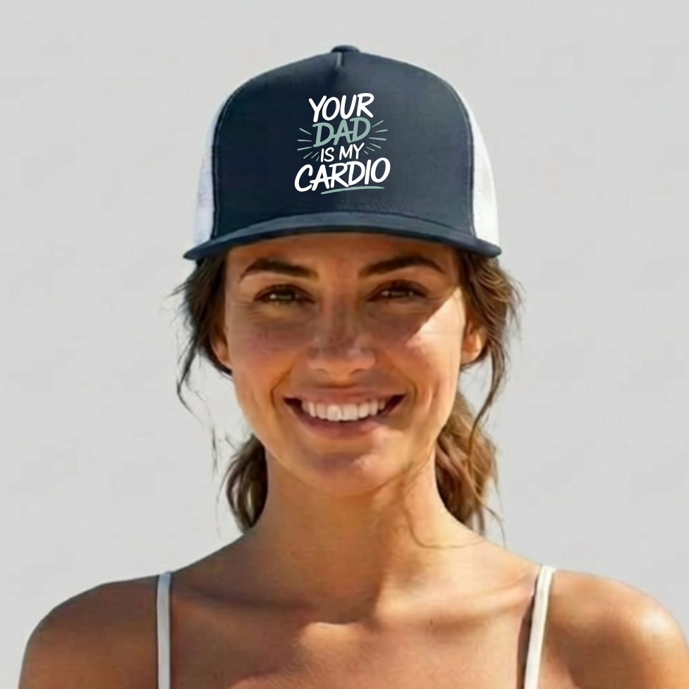 Woman wearing a navy and white premium flat bill trucker hat with 'Your Dad is My Cardio' text funny spring break, summer vacation, girls trip, lake days, bachelorette trip design