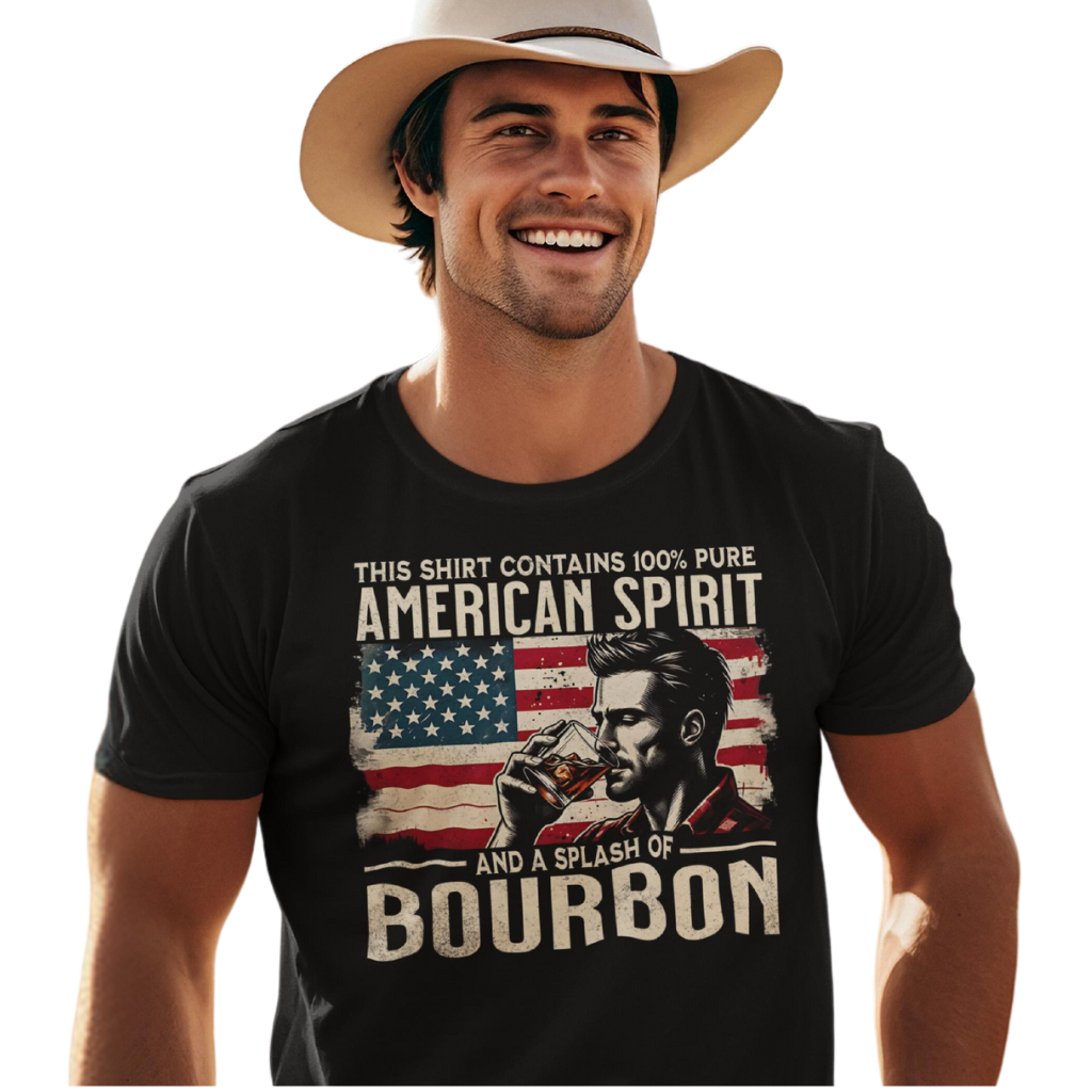 Tee with 'This Shirt Contains 100% American Spirit and a Splash of Bourbon' text, man drinking a glass of bourbon, and distressed American flag background