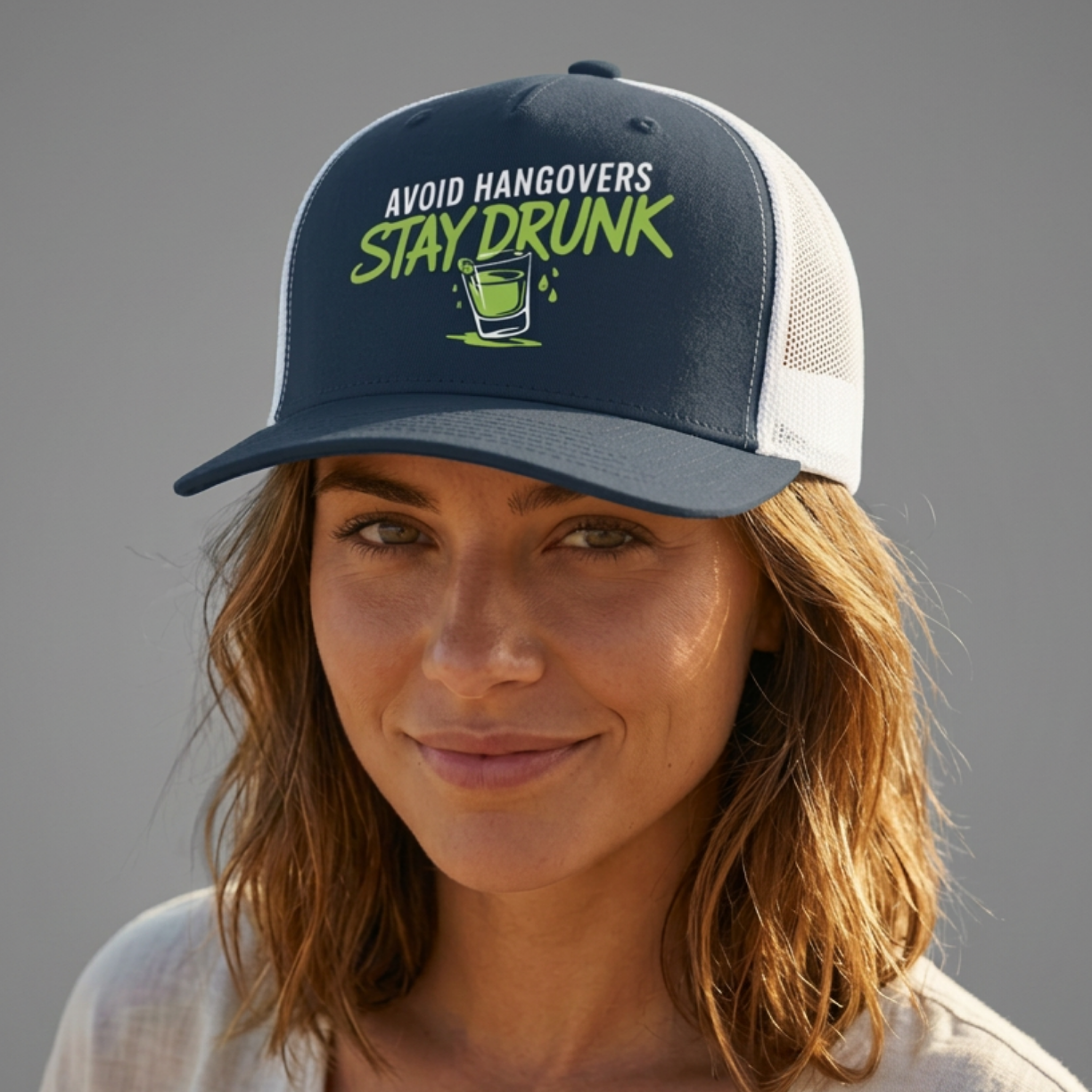 Woman wearing a navy and white premium flat bill trucker hat with 'Avoid Hangovers Stay Drunk' text funny spring break, beach vacation, lake season, girls trip, guys trip, bachelor or bachelorette party design