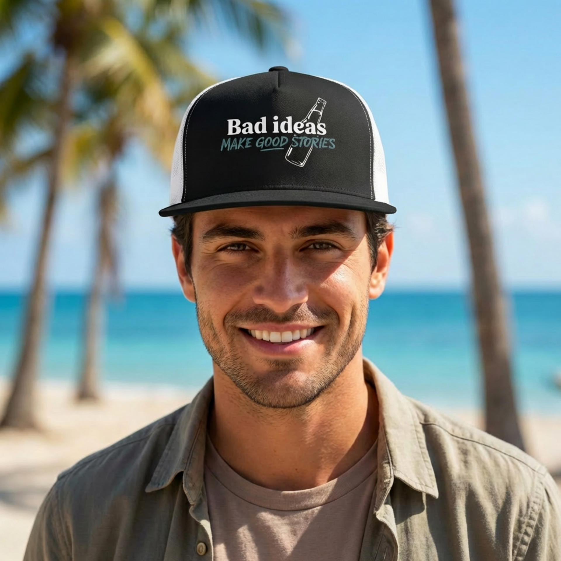 a man wearing a black and white flat bill trucker hat with the phrase "Bad ideas make good stories" funny spring break, guys trip, girls trip, bachelor, or bachelorette party design