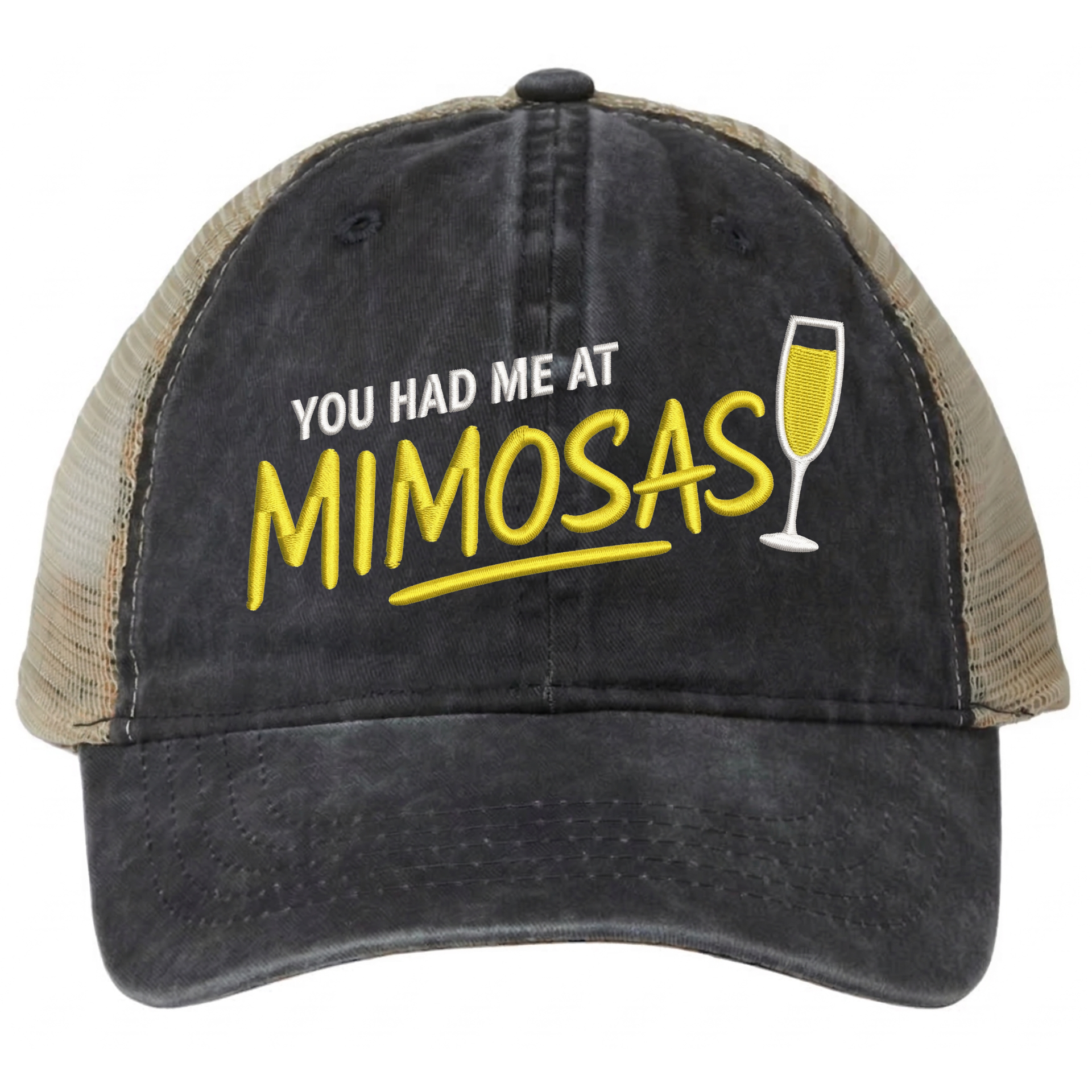 a black and khaki ponytail trucker hat with 'You Had Me at Mimosas' text funny spring break, summer vacation, beach trip, lake season, girls trip or bachelorette had
