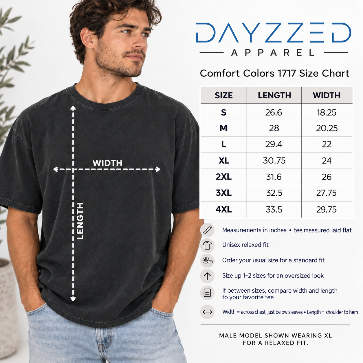 Comfort Colors 1717 unisex T-shirt size chart with male fit example