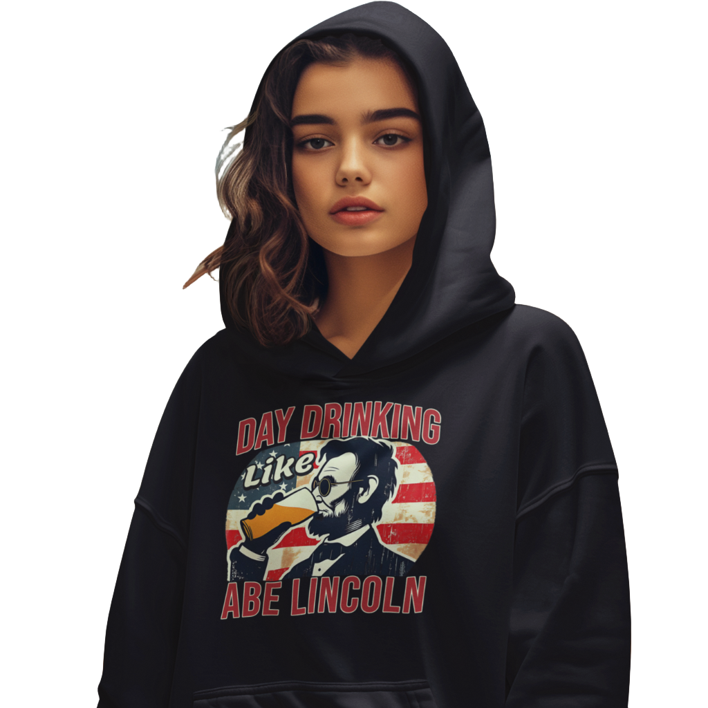 Gear up for the 4th with our Day Drinking Like Abe Lincoln Hoodie. Perfect for celebrations, offering comfort & patriotic flair.