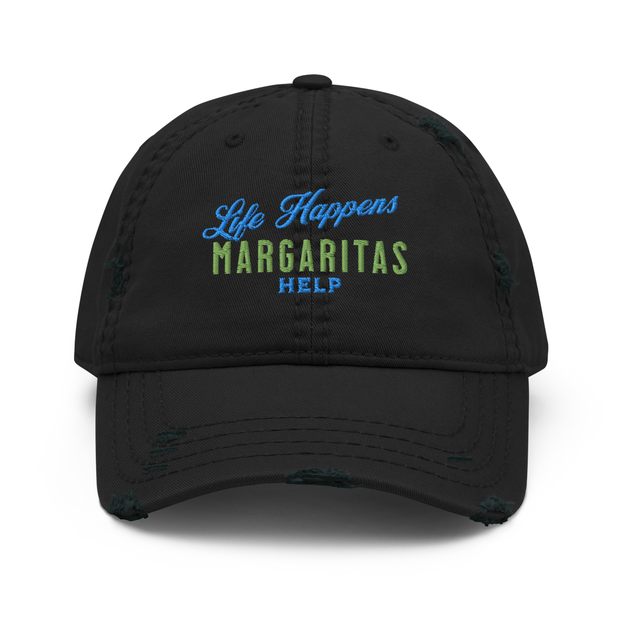 "Life Happens Margaritas Help" Distressed Hat DISTRESSED,DISTRESSED DAD HAT,HAT,MARGARITAS,MENS,New,UNISEX,WOMENS Dayzzed Apparel