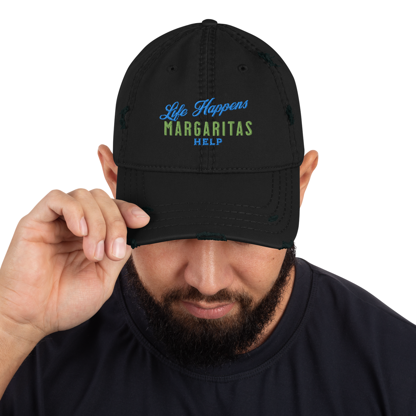 "Life Happens Margaritas Help" Distressed Hat DISTRESSED,DISTRESSED DAD HAT,HAT,MARGARITAS,MENS,New,UNISEX,WOMENS Dayzzed Apparel