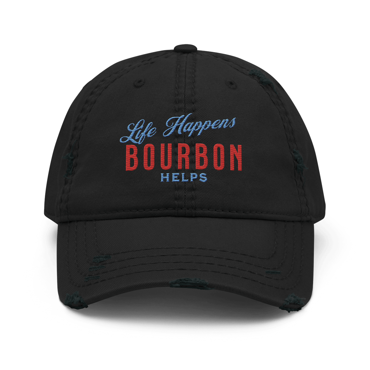 "Life Happens Bourbon Helps" Dad Hat | Fun & Edgy CapAdd flair with our "Life Happens Bourbon Helps" Dad Hat. Perfect for drinking enthusiasts. Distressed style, 100% cotton for comfort & style.