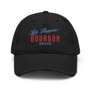 "Life Happens Bourbon Helps" Dad Hat | Fun & Edgy CapAdd flair with our "Life Happens Bourbon Helps" Dad Hat. Perfect for drinking enthusiasts. Distressed style, 100% cotton for comfort & style.