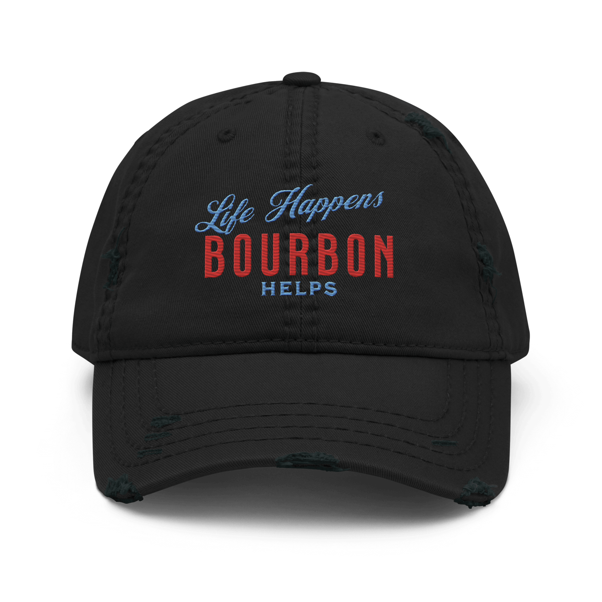 "Life Happens Bourbon Helps" Dad Hat | Fun & Edgy CapAdd flair with our "Life Happens Bourbon Helps" Dad Hat. Perfect for drinking enthusiasts. Distressed style, 100% cotton for comfort & style.