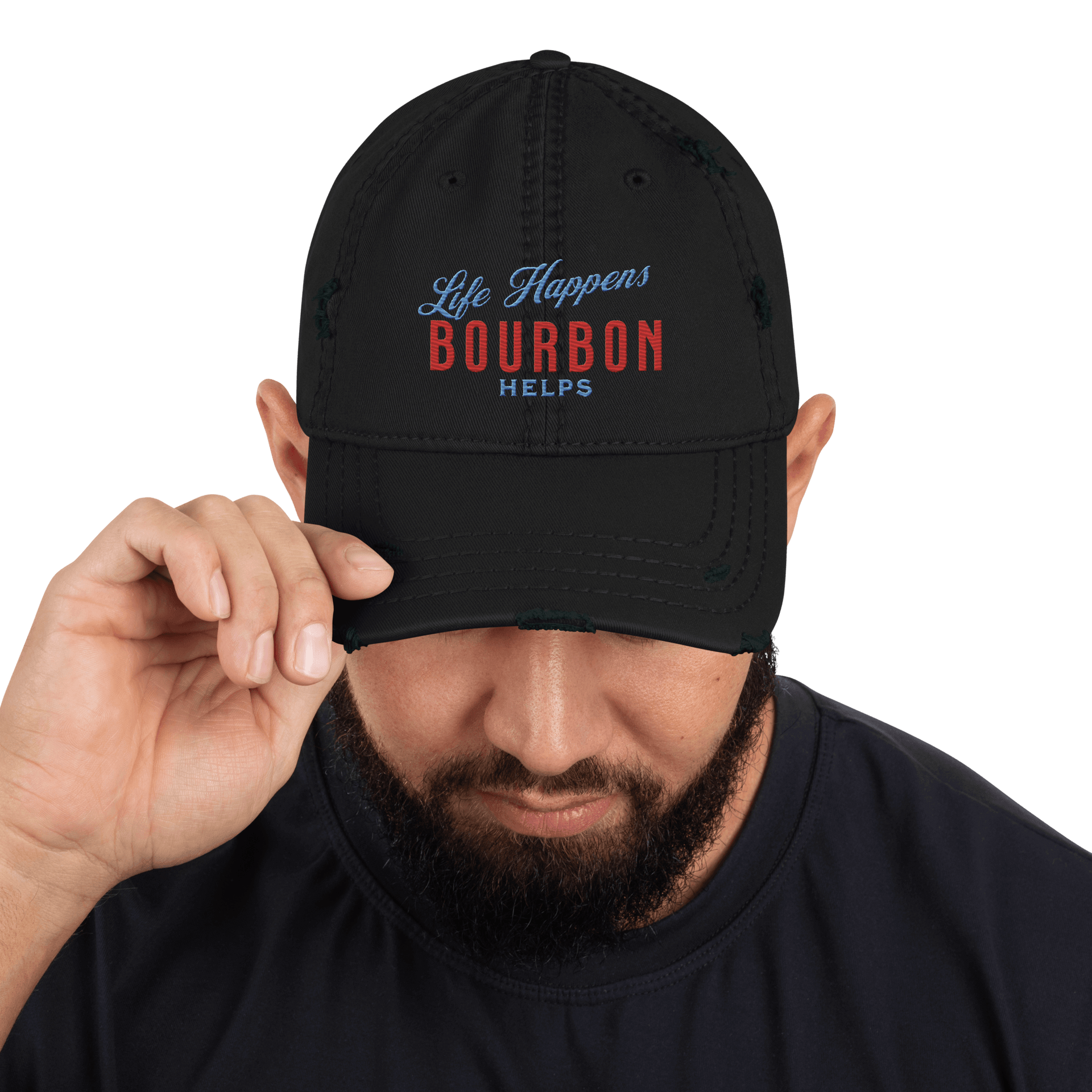 "Life Happens Bourbon Helps" Dad Hat | Fun & Edgy CapAdd flair with our "Life Happens Bourbon Helps" Dad Hat. Perfect for drinking enthusiasts. Distressed style, 100% cotton for comfort & style.