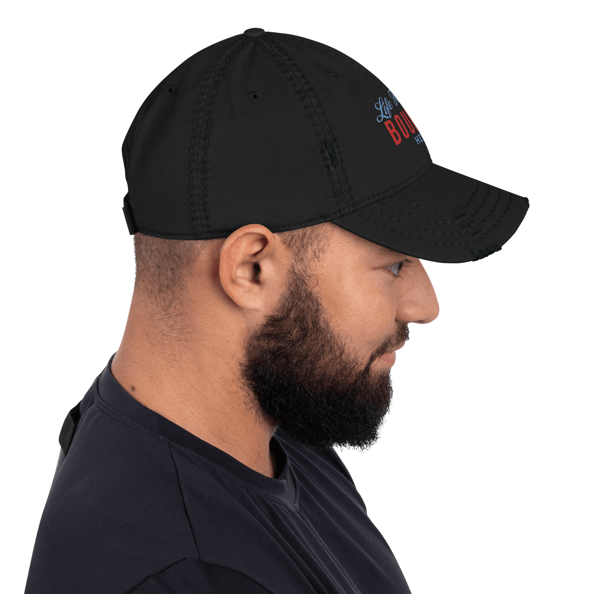 "Life Happens Bourbon Helps" Dad Hat | Fun & Edgy CapAdd flair with our "Life Happens Bourbon Helps" Dad Hat. Perfect for drinking enthusiasts. Distressed style, 100% cotton for comfort & style.